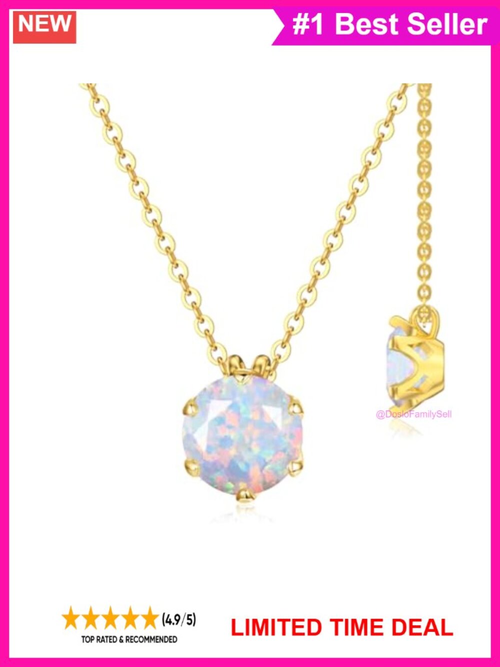14k Gold 1CT Round Opal Birthstone Pendant Necklace for Women
